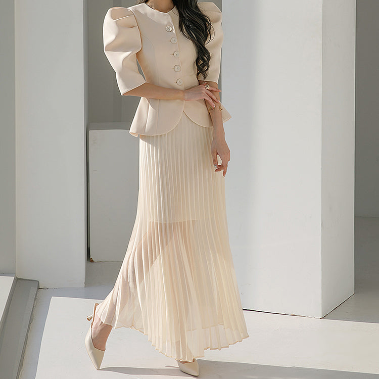 TP9079 ピンタックバルーンスリーブジャケットツーピース