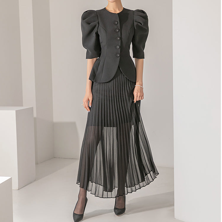 TP9079 ピンタックバルーンスリーブジャケットツーピース