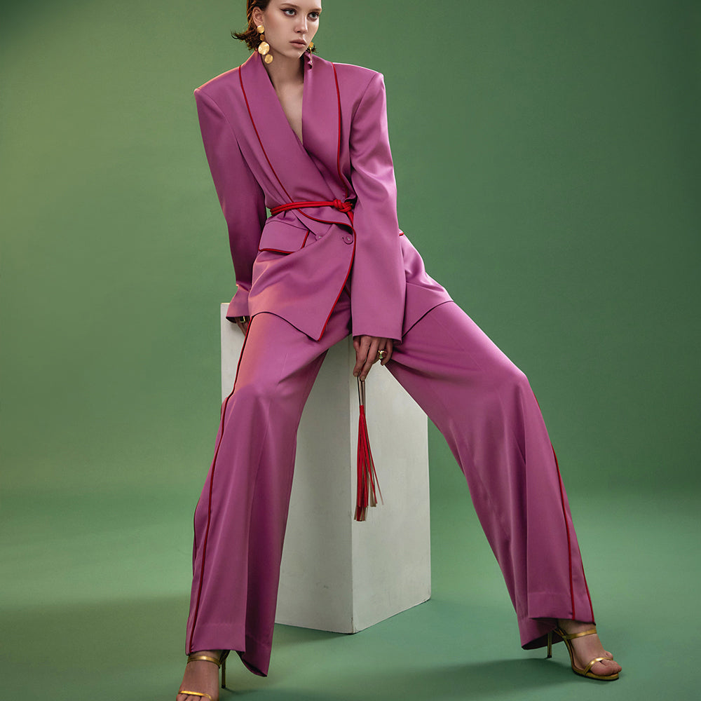 MBDJ017 缎纹拼色双扣夹克(腰带)