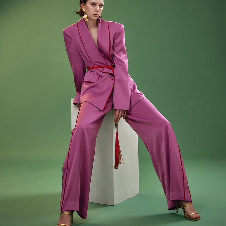 MBDTP010 サテンライン配色ダブルボタンジャケットスーツセット(ジャケットベルトセット)