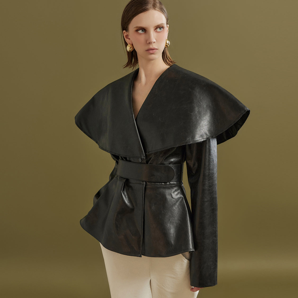 J9261 レザーワイドショールカラーシングルジャケット(ベルトセット)