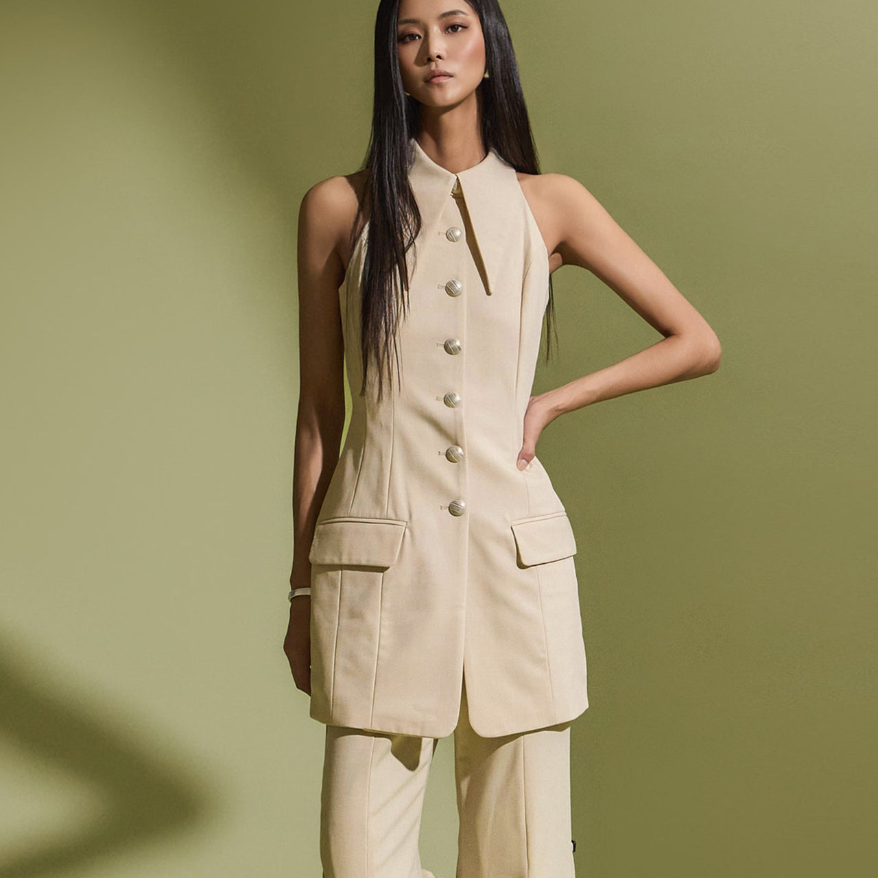 J9240 立领挂脖修身单长背心