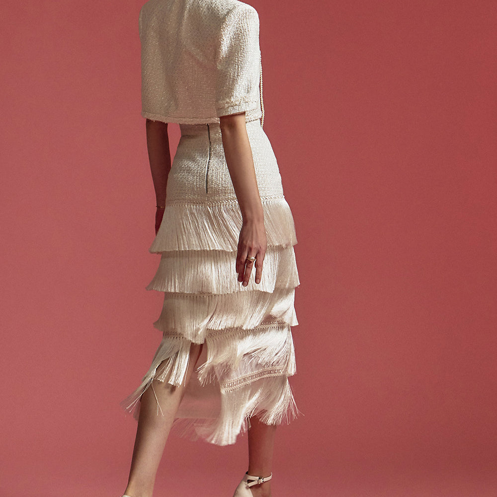 SK9201 Tweed Fringe Midi Skirt
