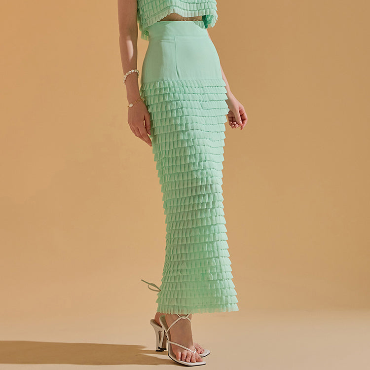 SK9205 分层荷叶边高腰长裙