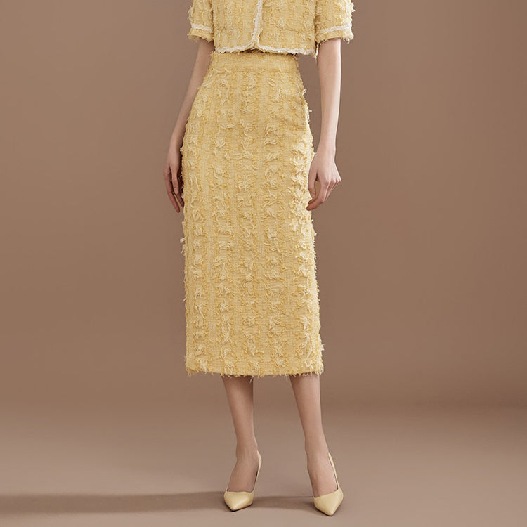 SK9225 ツイードウールフリンジミディスカート