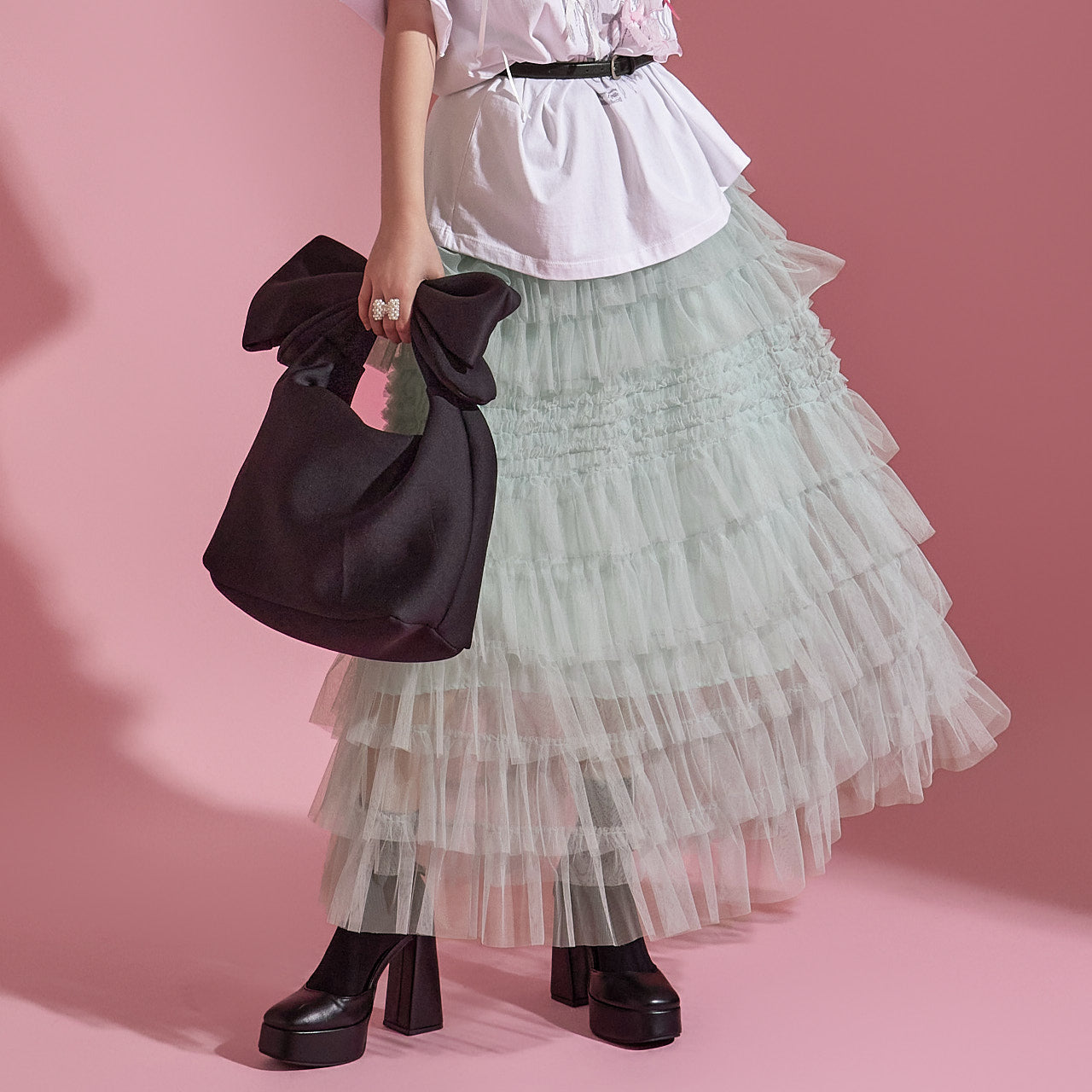 SK2637 薄纱分层弹力腰长裙