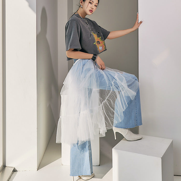 PJ450 半宽牛仔裤(可拆卸薄纱)