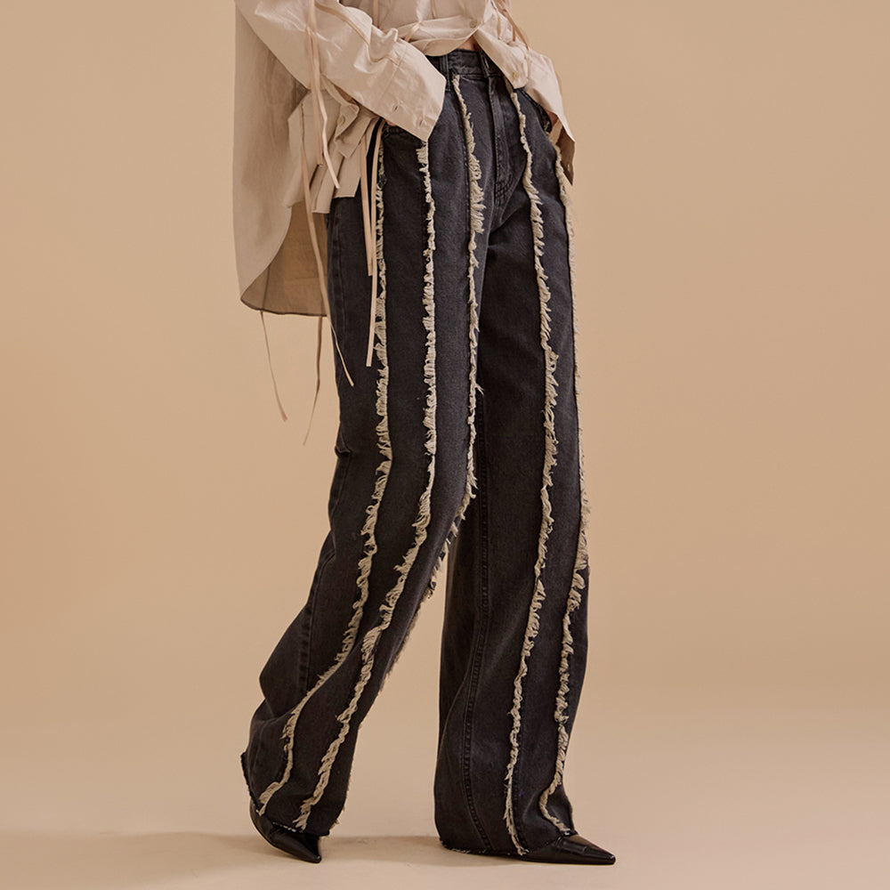 PJ471 Fringe Semi Baggy Jeans