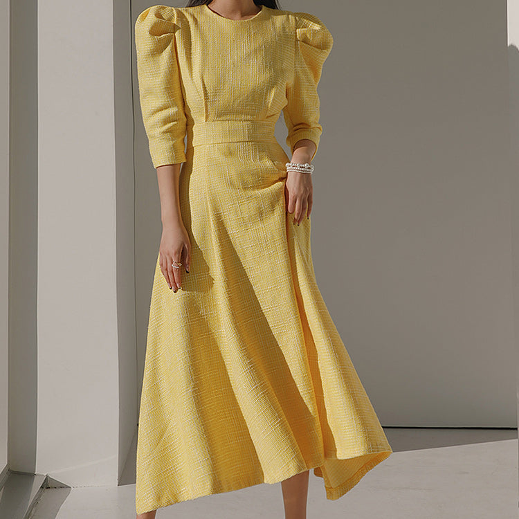 D4385 粗花呢泡泡袖喇叭连衣裙