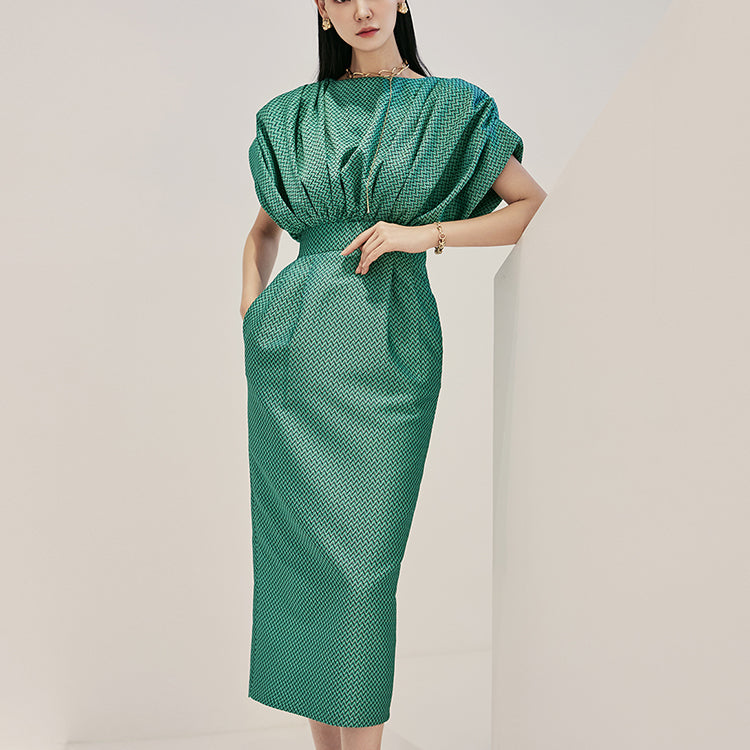 D9405 ジャカードピンタックシャーリングワンピース