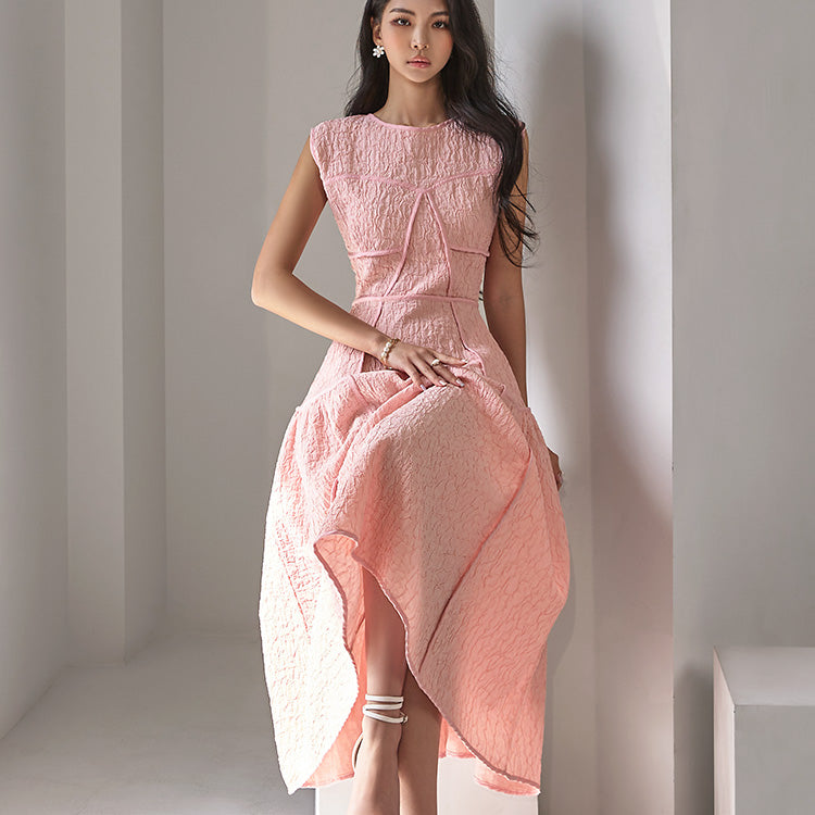 D4667 褶皱喇叭中长连衣裙