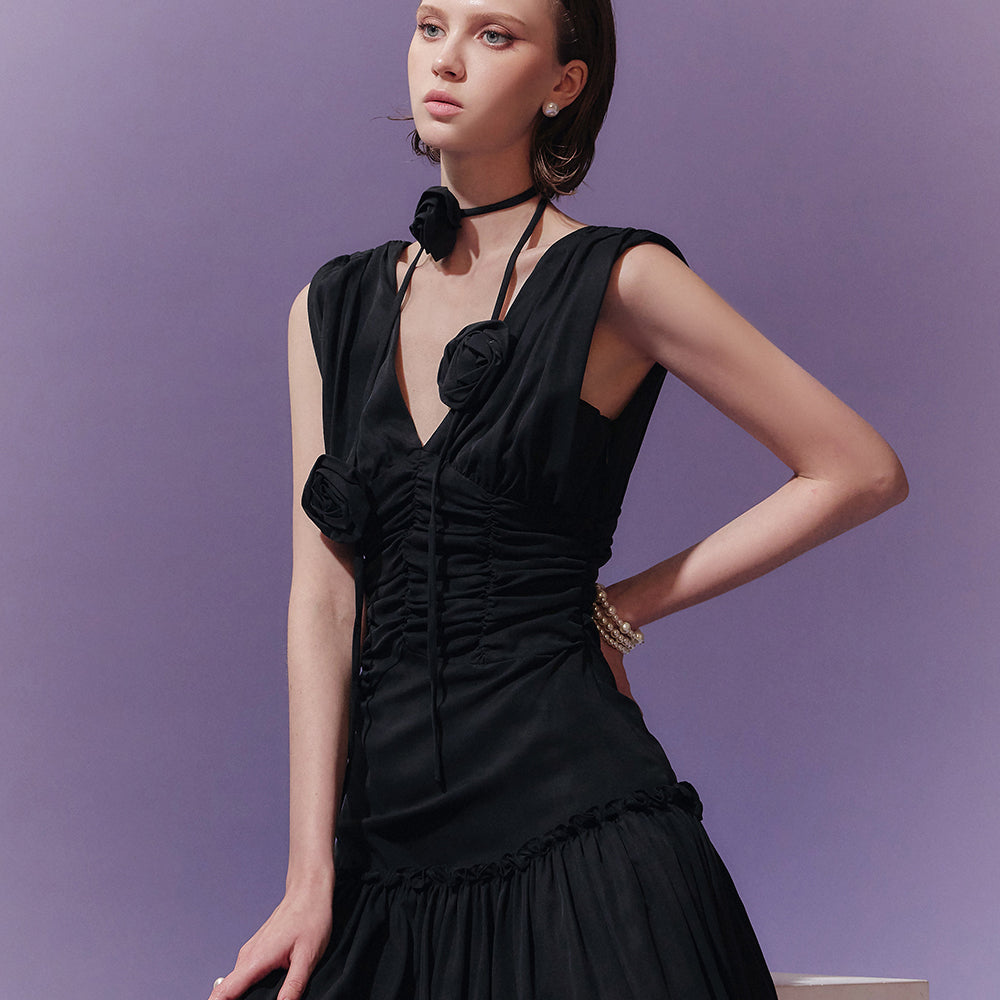 D4701 Vネックノースリーブワンピース(ネックレスセット)