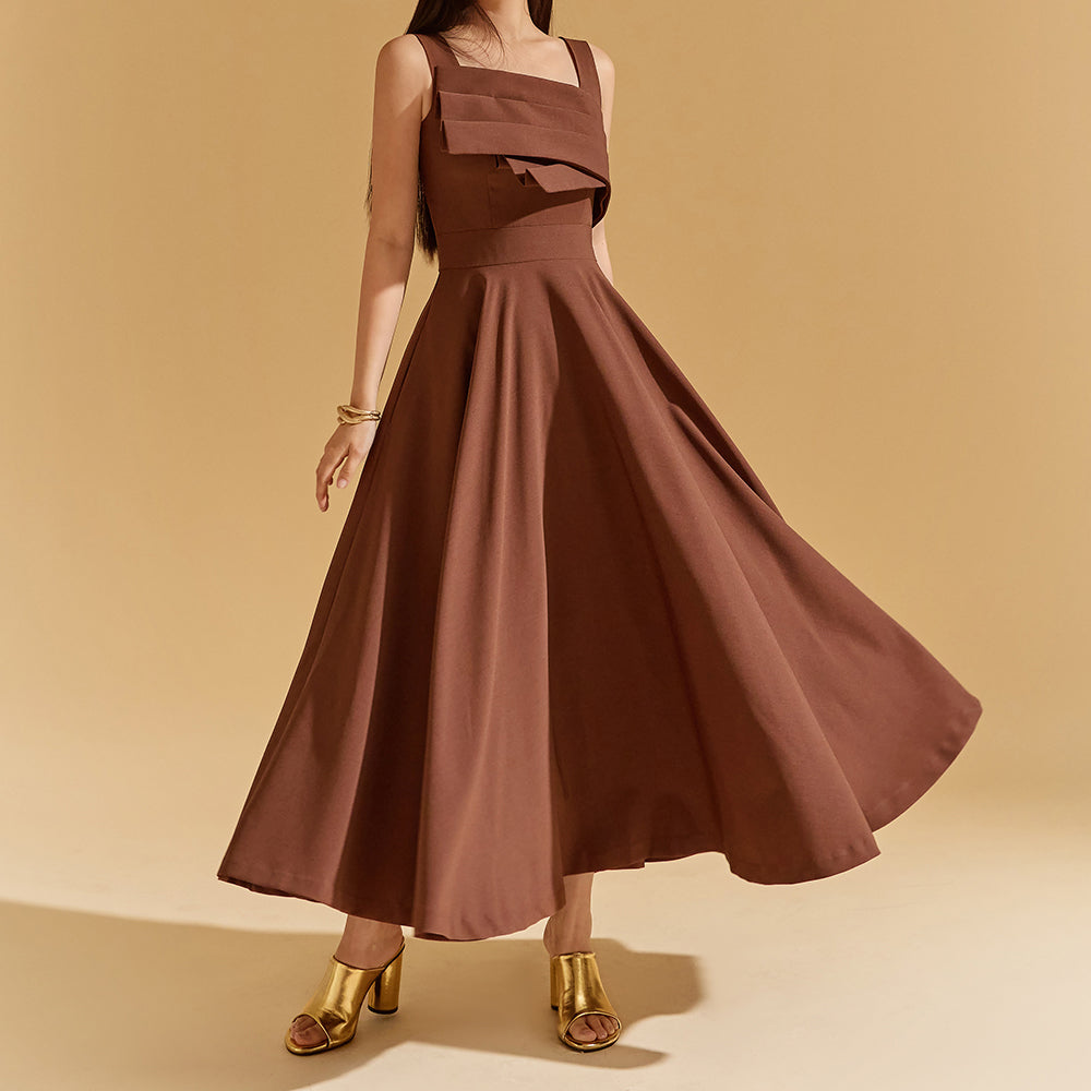 D9445 ピンタック ノースリーブ フレア ドレス