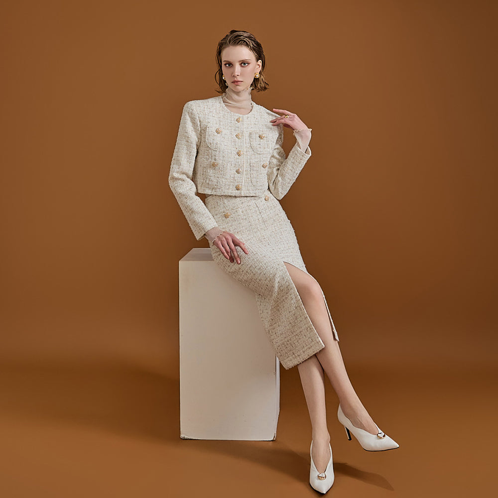 D4809 ツイードゴールドボタンツーピース