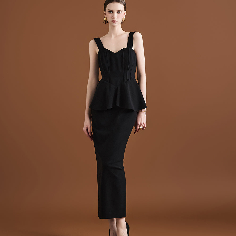 D9458 Tube Top Pintuck Frill Long Dress(shoulder Strap Set)