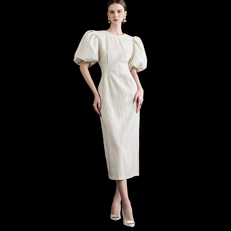 D4854 Glossy Puff Sleeve Dress