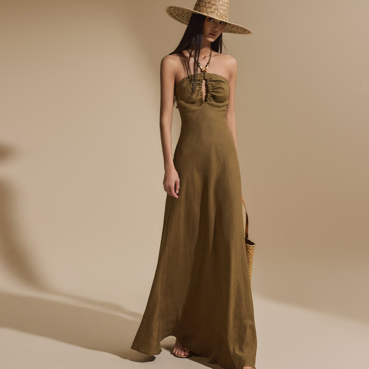 D5026 ホルターネック リネン ドレス