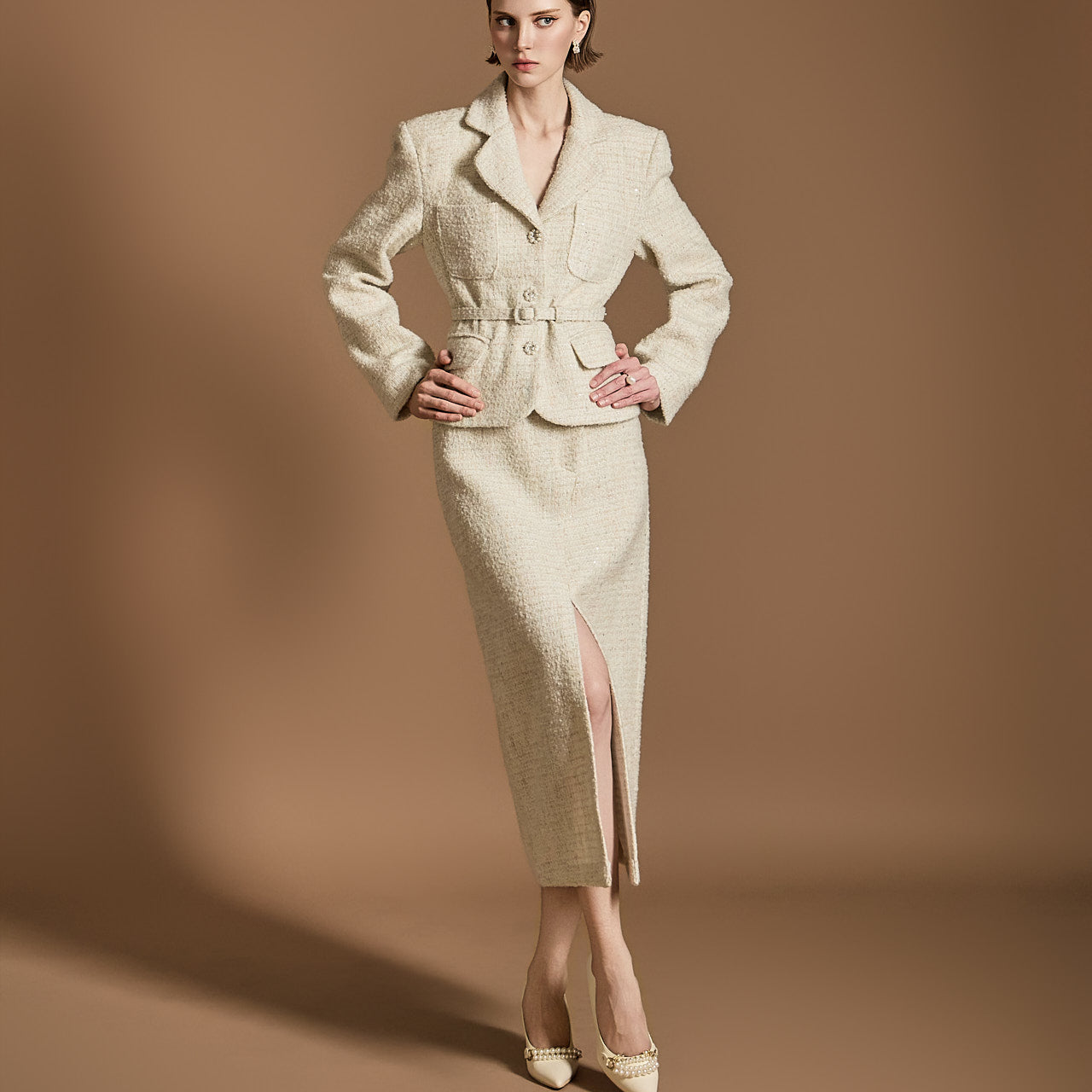 D5132 ウール ツーピース ベルト付き