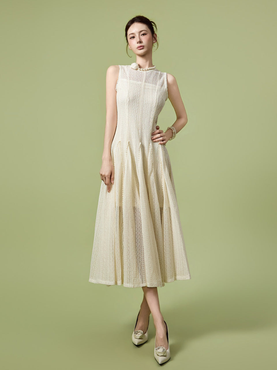 D5589 透视蕾丝喇叭连衣裙