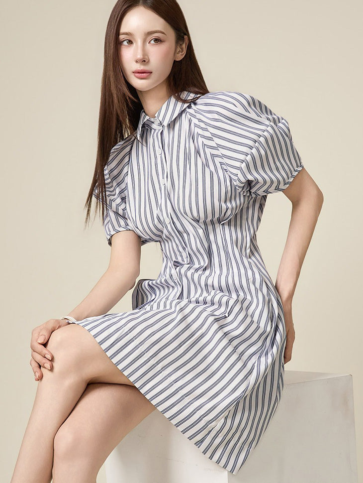 D5632 ストライプ柄シャツドレス