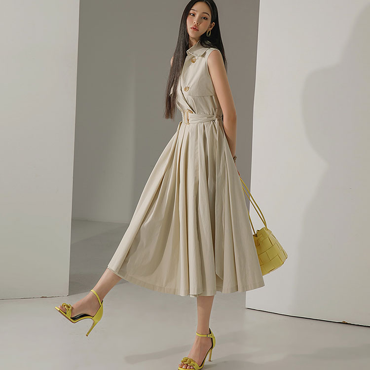 D3867 无袖风衣中长连衣裙(腰带套装)