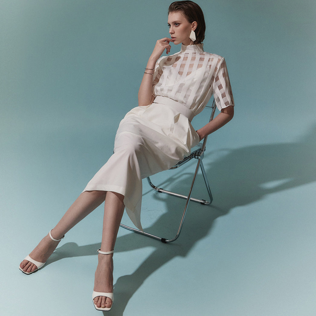 D9183 方形透视配色中长连衣裙(腰带)