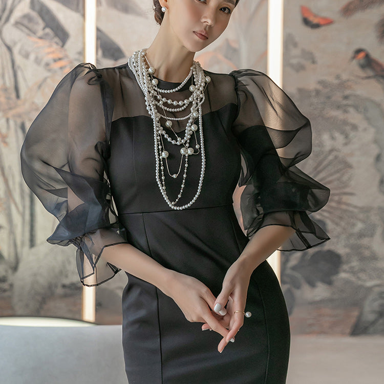 D4358 缎面透视泡泡袖美人鱼中长连衣裙