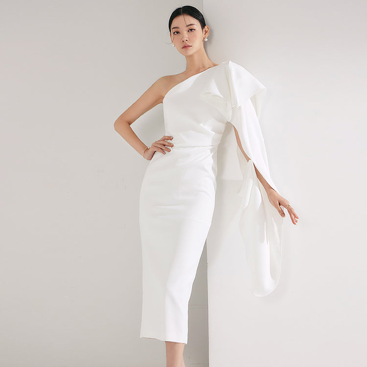 D9408 ワンショルダーシャーリングドレープミディワンピース