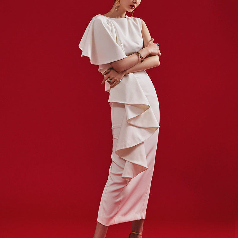 D9413 无袖一肩荷叶边中长连衣裙