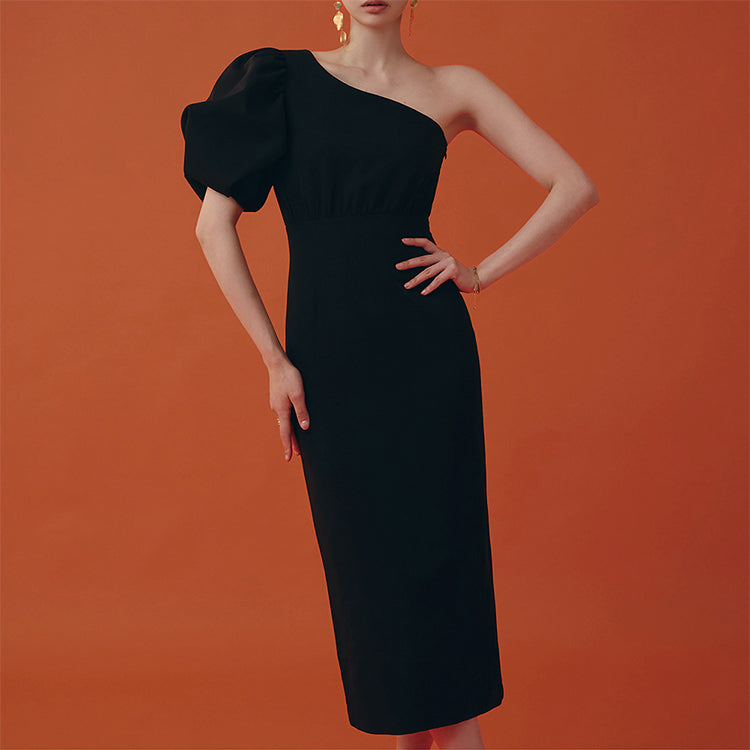 D9145 一肩泡泡中长连衣裙