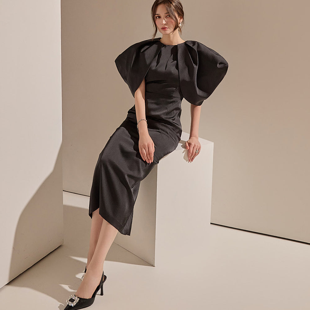 D9411 缎面褶裥翼形连衣裙