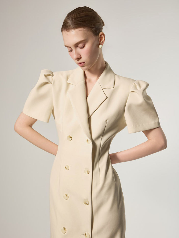 D5491 双排扣泡泡袖连衣裙