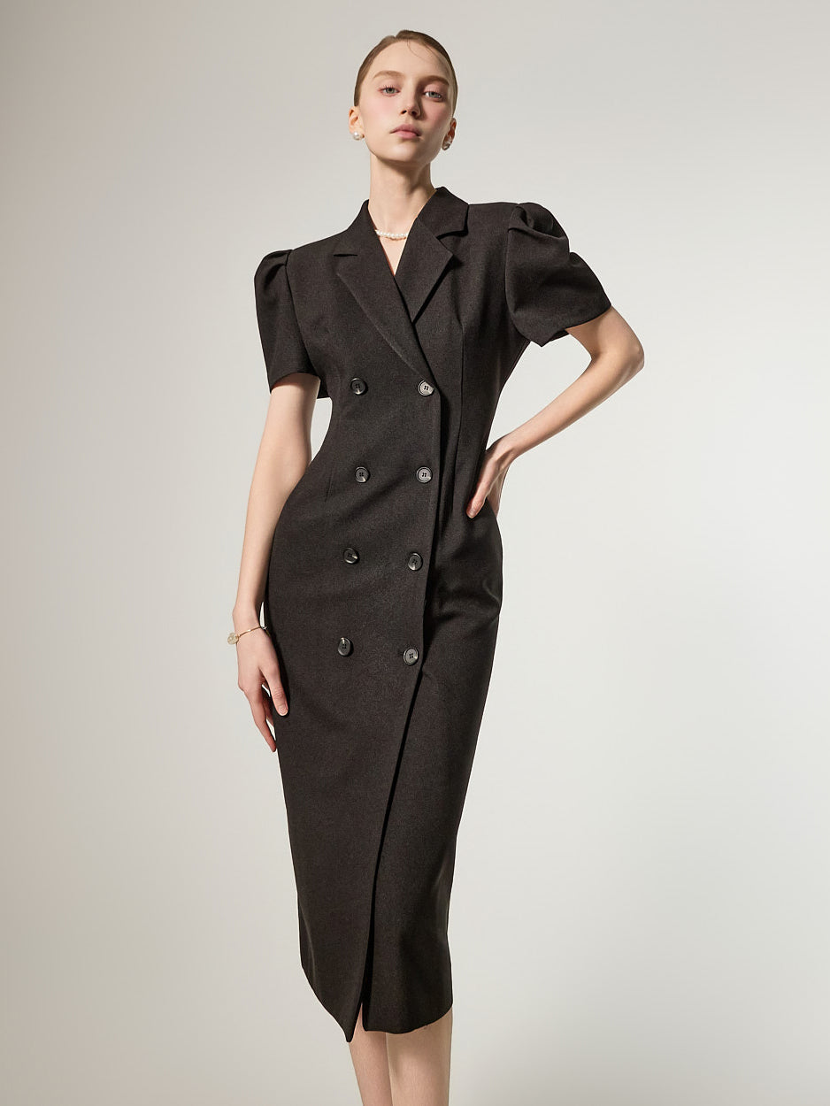 D5491 双排扣泡泡袖连衣裙