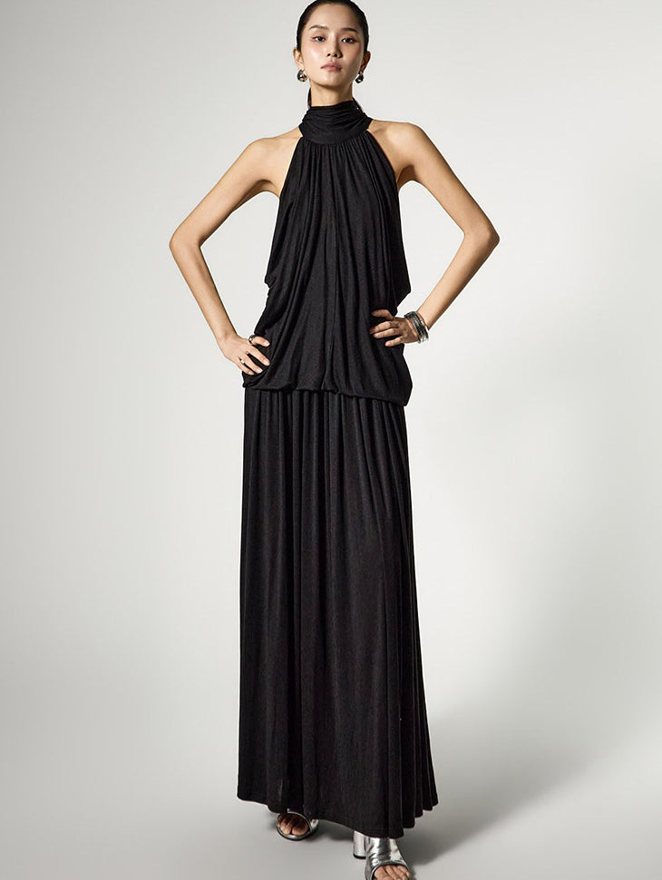 D5501 挂脖收褶连衣裙