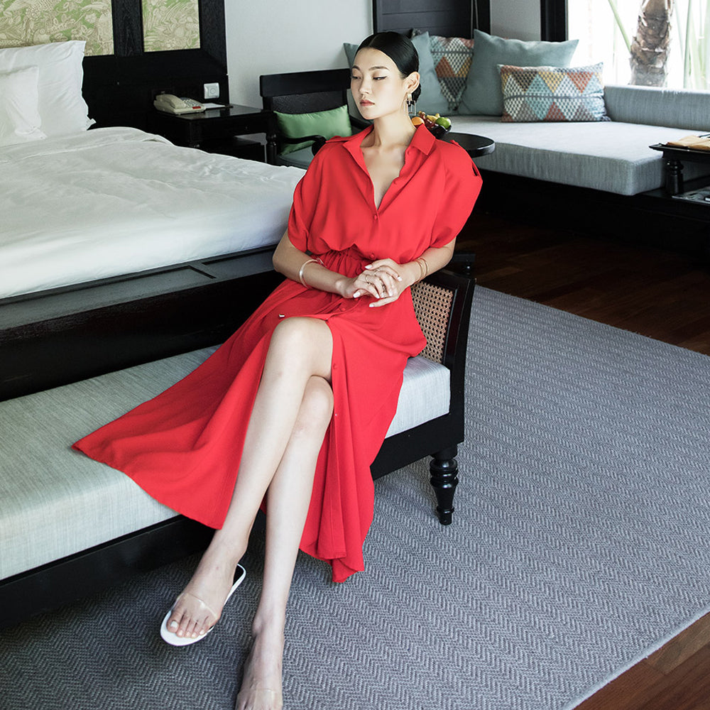 D3849 ストリングボタンロングドレス