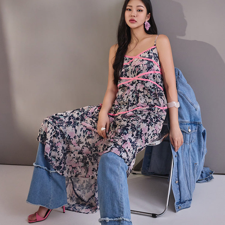 D4650 プリントテーピングノースリーブワンピース