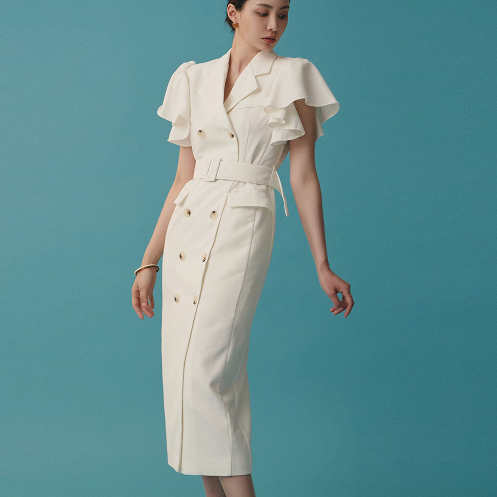 D4699 荷叶边袖连衣裙(配腰带)