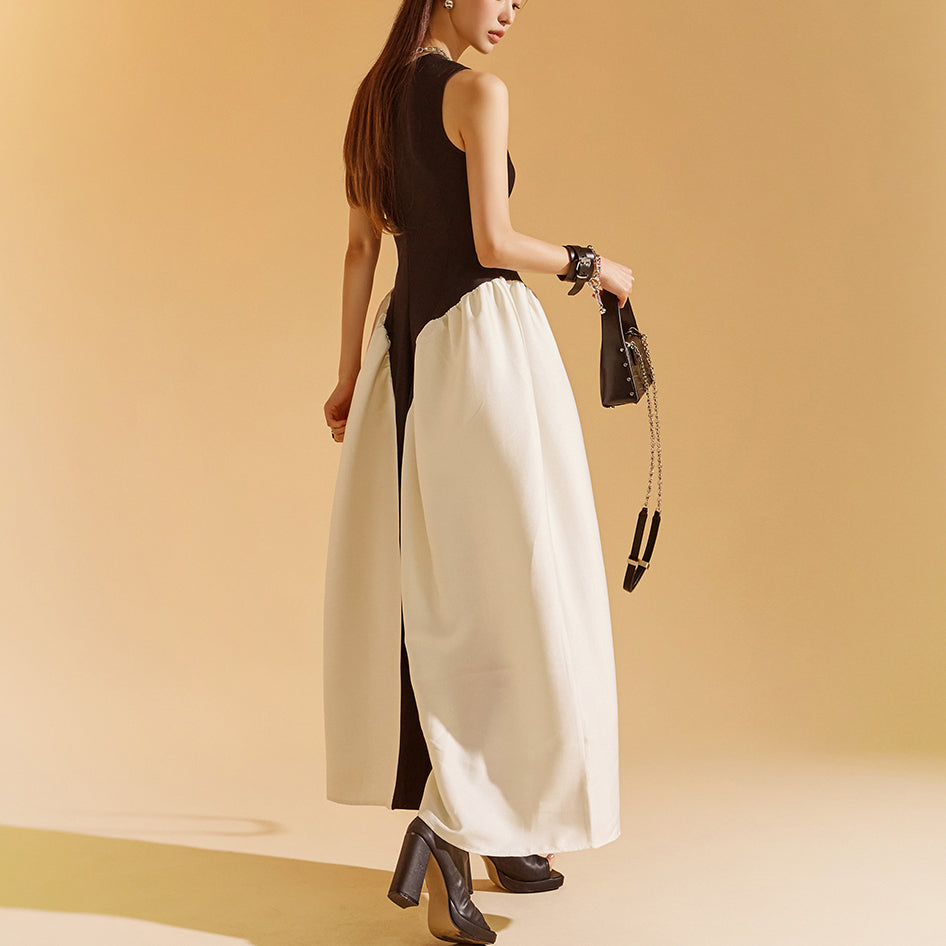 D4742 カラーコントラスト ノースリーブ ドレス