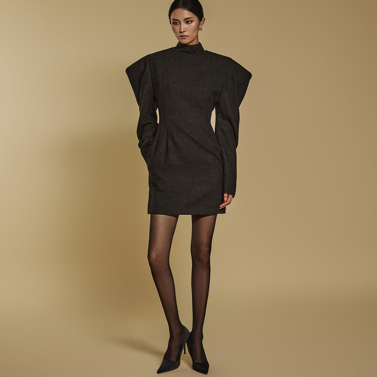 D9314 Herringbone Wool Mini Dress