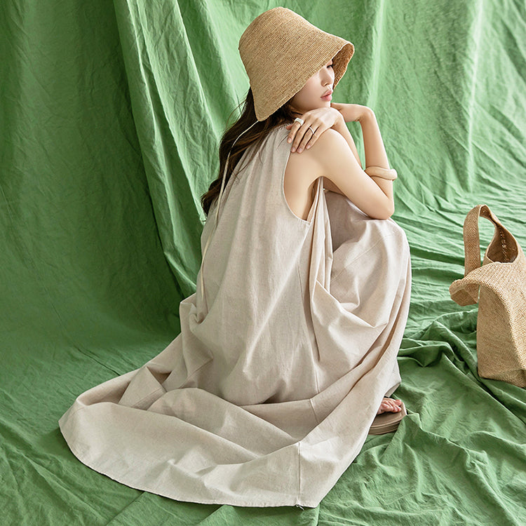 D4245 Linen Shirring Long Dress