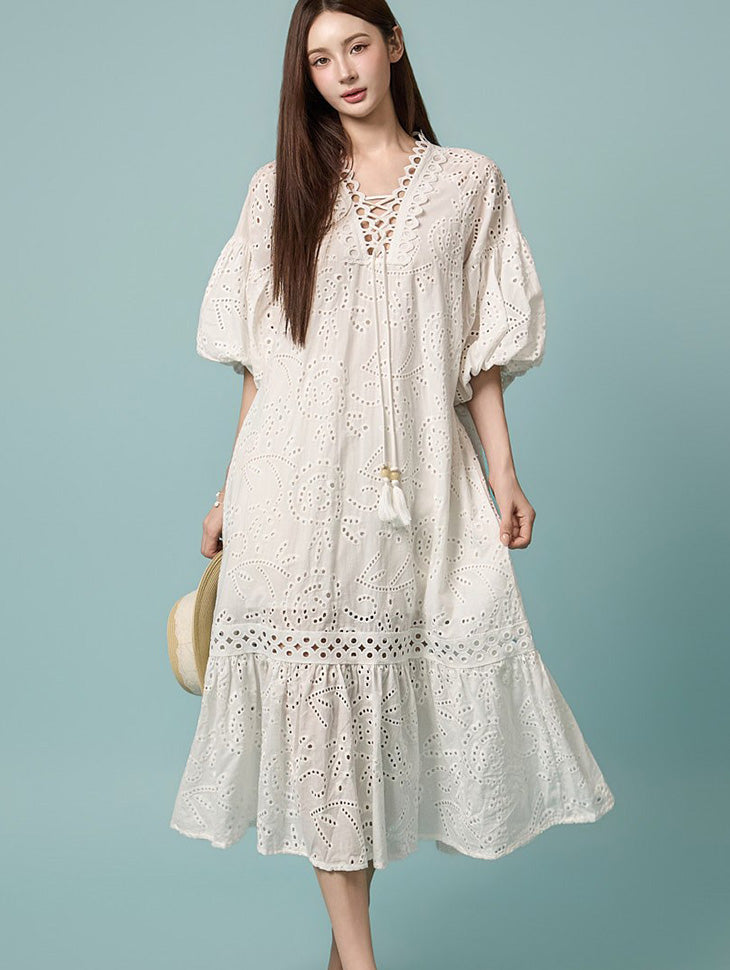 D5631 Eyelet Long Dress