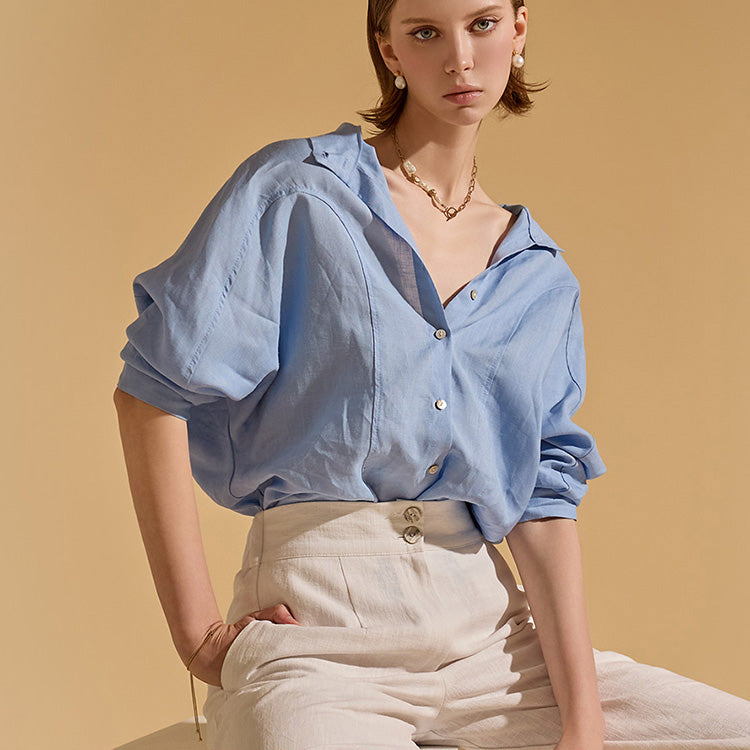 S554 亚麻细褶插肩衬衫