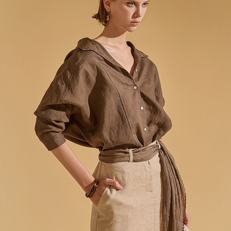 S554 亚麻细褶插肩衬衫