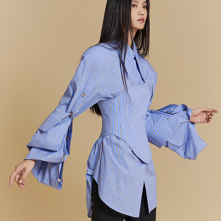 MBDS002 条纹插肩纽扣衬衫(抹胸套装)