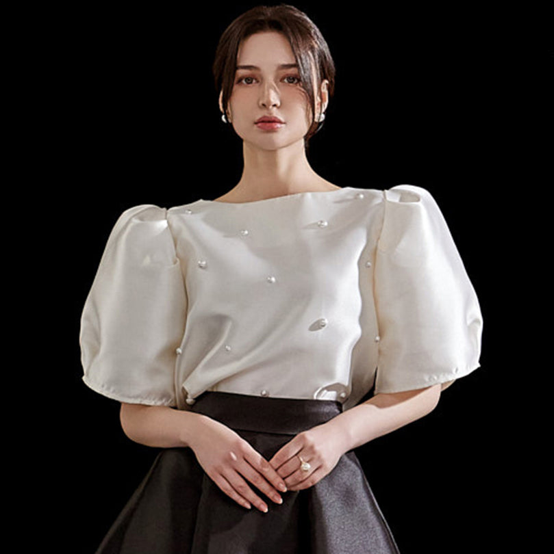 B2920 珍珠圆点泡泡袖衬衫