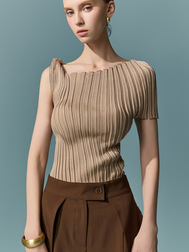 E4298 Asymmetrical Shoulder Pleated Knit