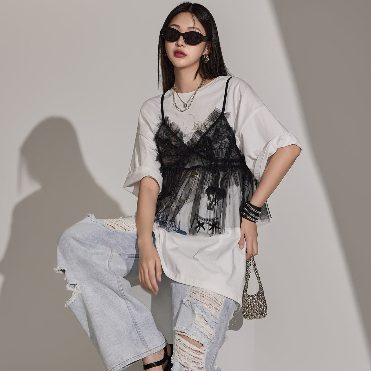 E3428 荷叶边无袖上衣