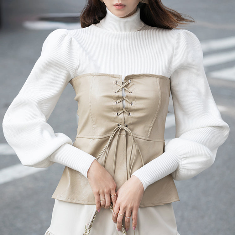 E2298 罗纹泡泡袖高领上衣