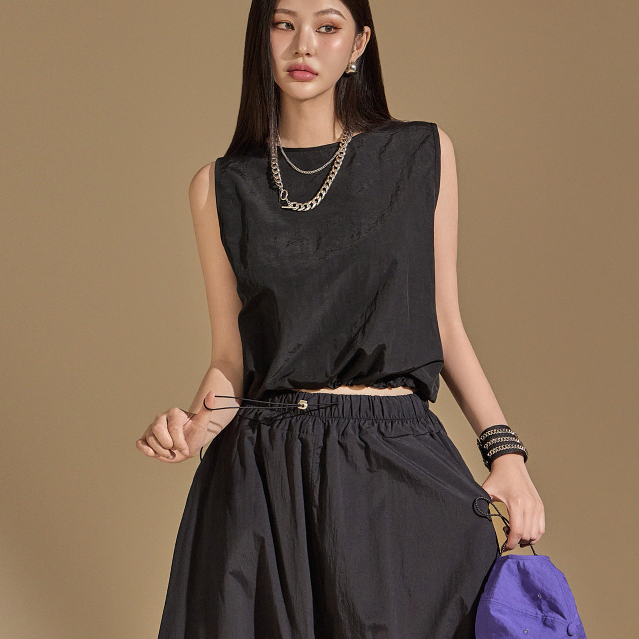 E3455 ナイロン ノースリーブ トップ