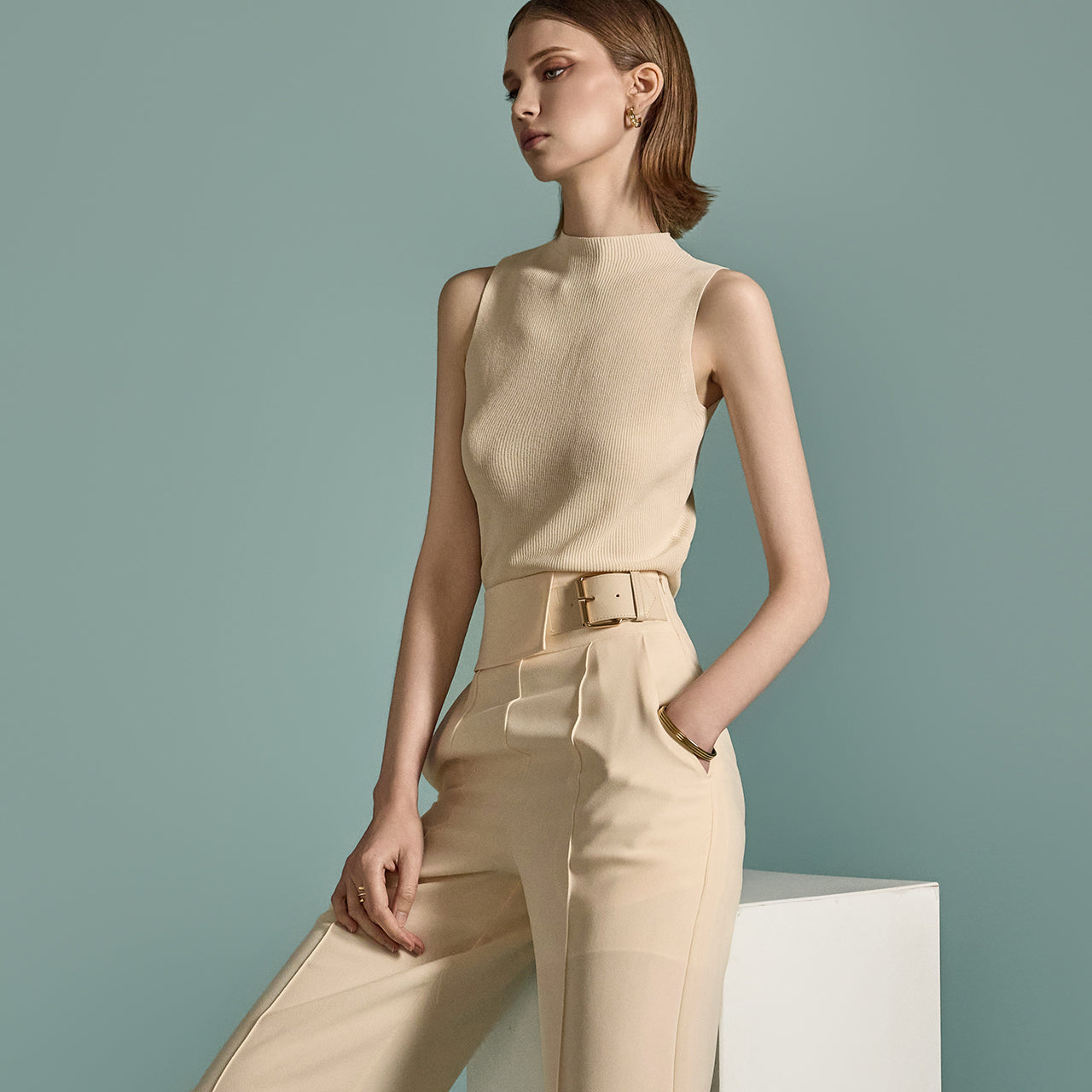 E3495 高领无袖针织衫